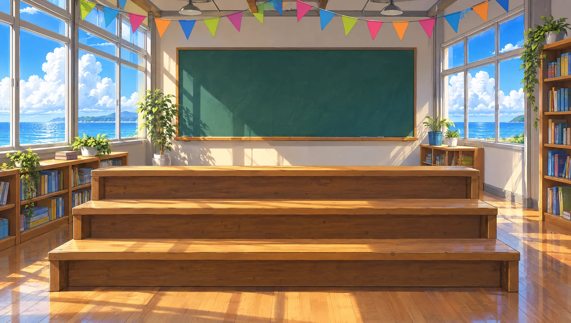Sala de clases frente al mar, con banderines de colores, una pizarra verde y una gradería de madera de tres escalones.