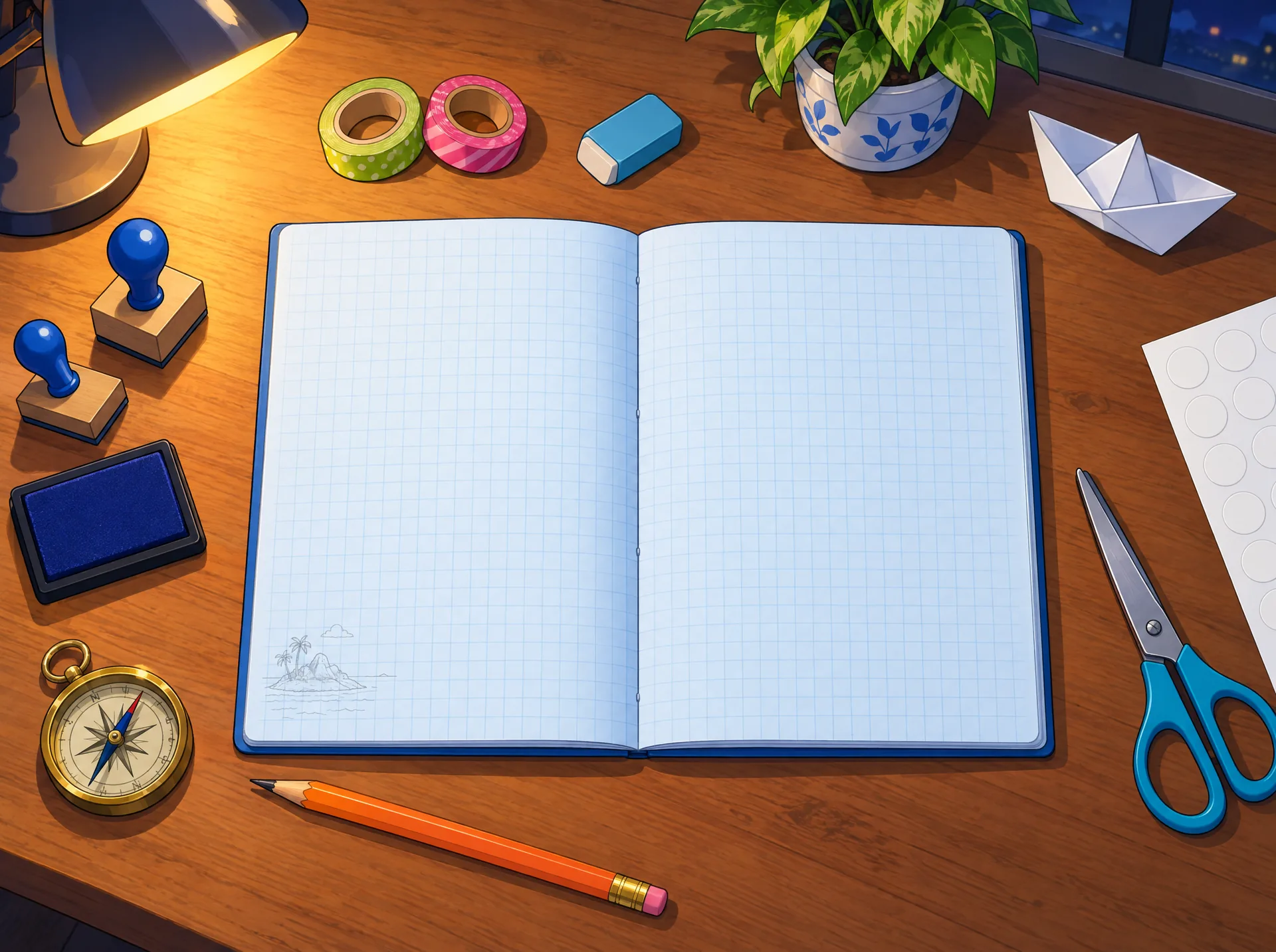 Escritorio de madera de noche: un cuaderno de cuadrícula azul abierto, washi tape lima y chicle, timbres de goma, una brújula, un bote de papel, tijeras y un lápiz papaya.