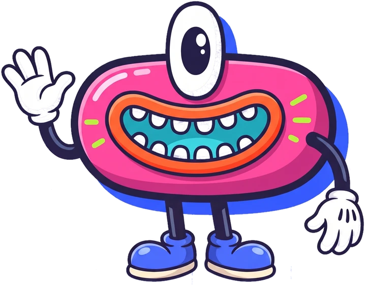 Parla, un monstruo rosado chato que es casi todo boca, saludando con la mano