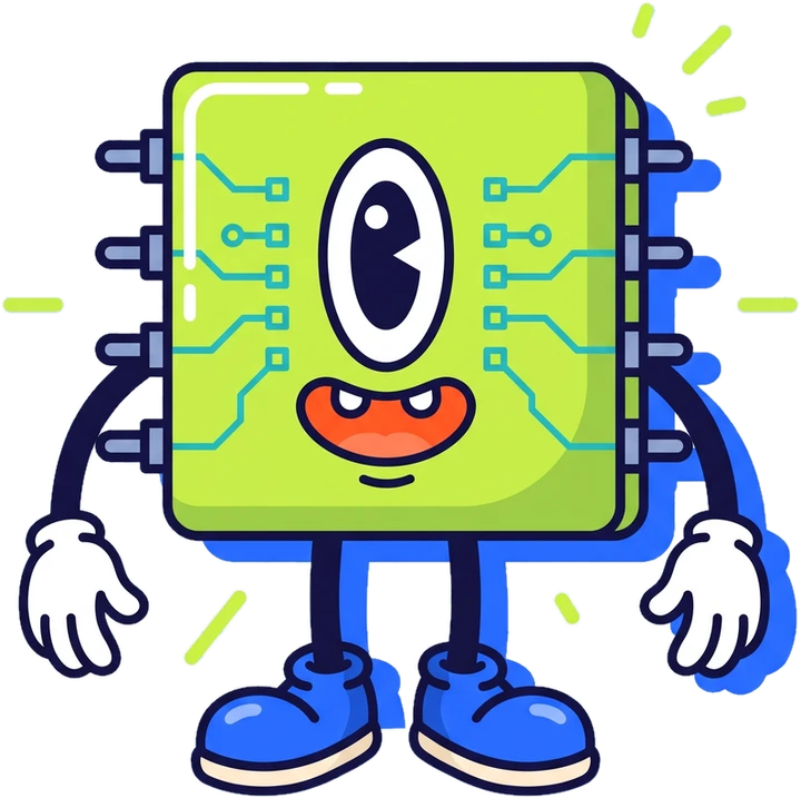 Chip, el circuito, con un bloque en la mano