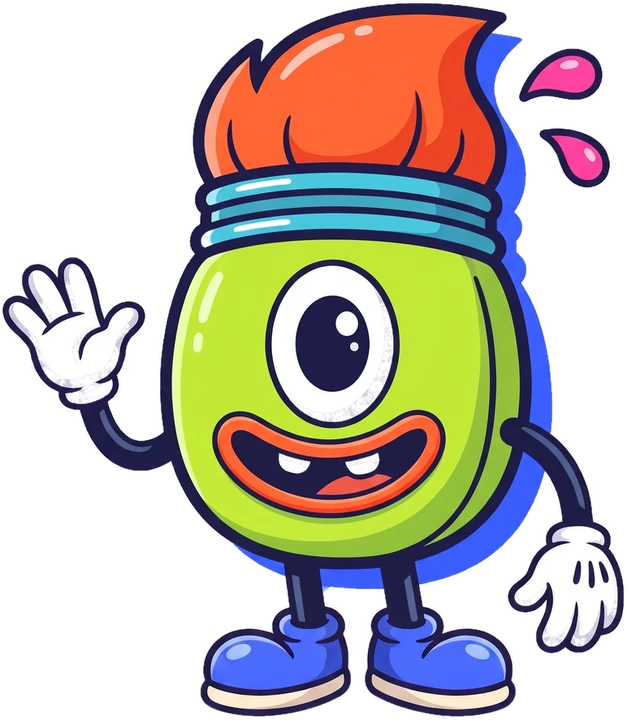 Pipo, un pincel con cerdas naranjas como pelo, virola cian y mango verde lima
