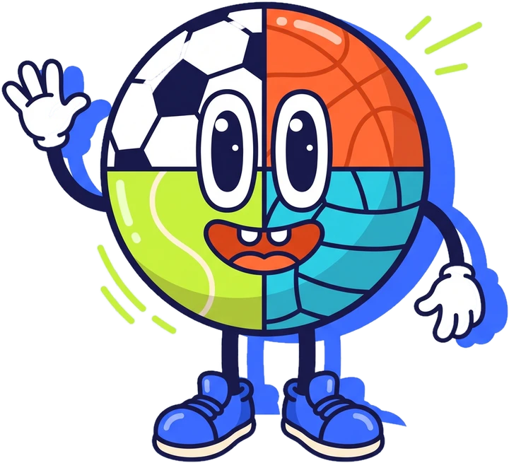 Pepa, una pelota con cuatro gajos de distintos deportes, con brazos y piernas