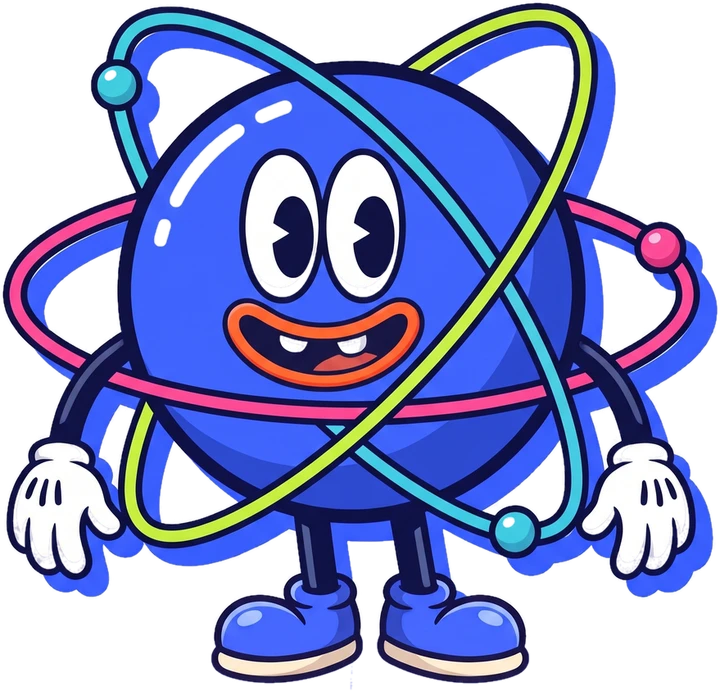 Atomín, un núcleo azul con tres órbitas cruzadas y un electrón en cada una